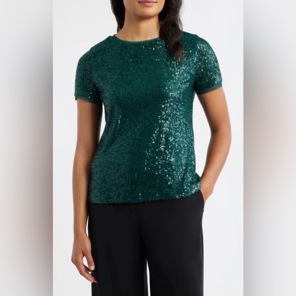 Anne Klein Emerald Green Sequin Short-Sleeve Mesh Top Small NWT